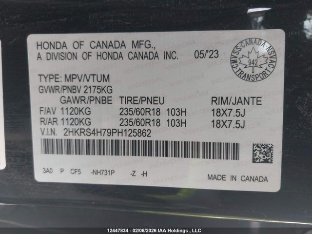 2HKRS4H79PH125862 Honda Cr-v Ex-l