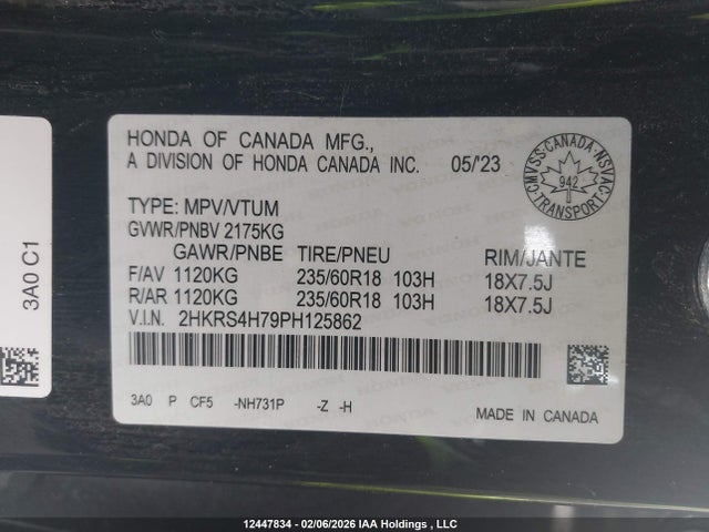 2HKRS4H79PH125862 Honda Cr-v Ex-l