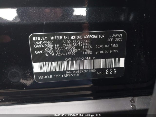JA4J4UA88NZ617650 Mitsubishi Outlander