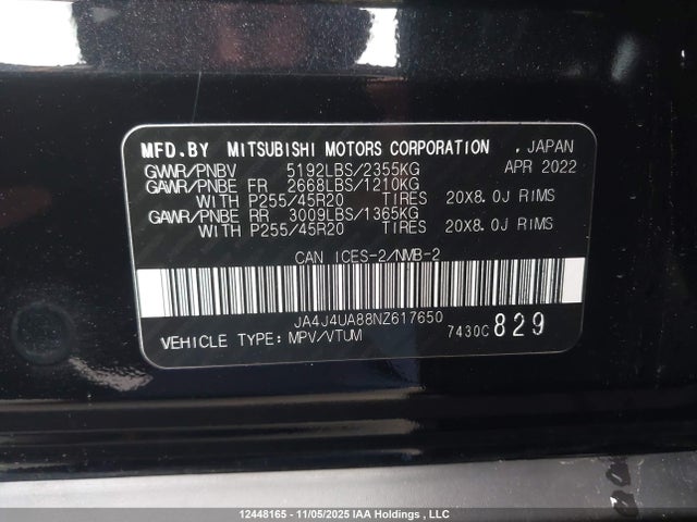 JA4J4UA88NZ617650 Mitsubishi Outlander