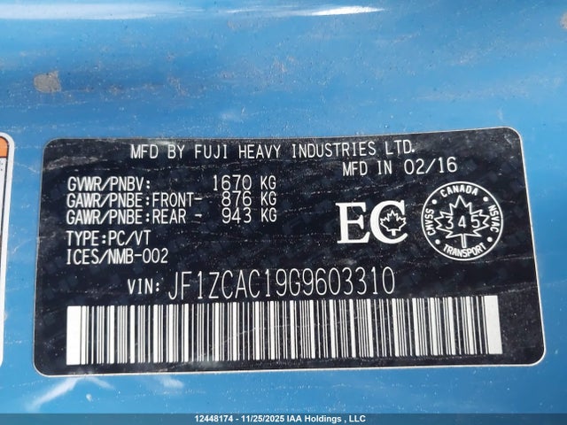 Aukcja sprzedaży 2016 Subaru Brz, vin: JF1ZCAC19G9603310, numer aukcji: 12448174