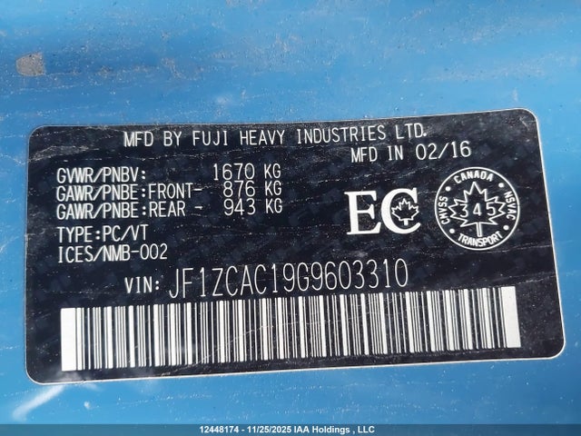 Aukcja sprzedaży 2016 Subaru Brz, vin: JF1ZCAC19G9603310, numer aukcji: 12448174