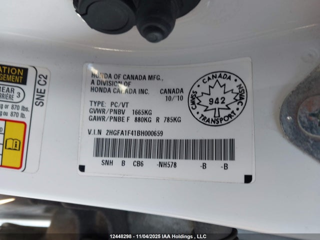 Aukcja sprzedaży 2011 Honda Civic Dx-g, vin: 2HGFA1F41BH000659, numer aukcji: 12448298