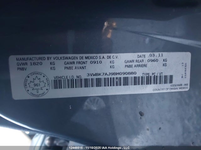 Продаж на аукціоні авто 2011 Volkswagen Jetta Se, vin: 3VWBK7AJ9BM090880, номер лоту: 12448515
