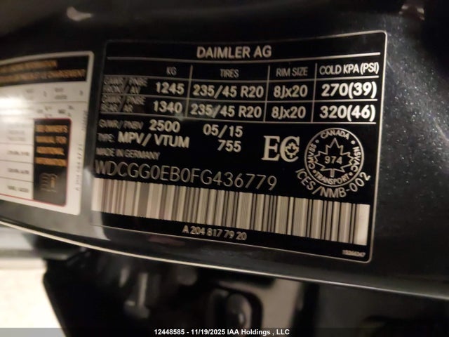 12448585 :رقم المزاد ، WDCGG0EB0FG436779 vin ، 2015 Mercedes-benz Glk 250 Bluetec مزاد بيع