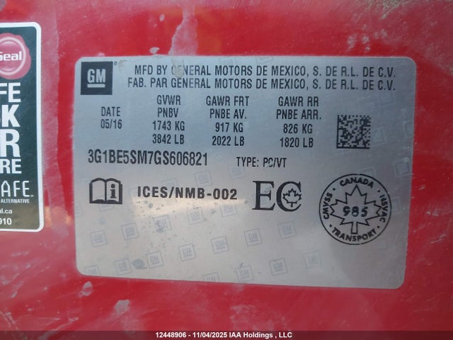 3G1BE5SM7GS606821 Chevrolet CRUZE LT