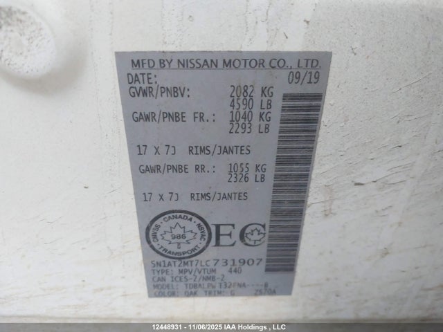 Продаж на аукціоні авто 2020 Nissan Rogue S/sl/sv, vin: 5N1AT2MT7LC731907, номер лоту: 12448931
