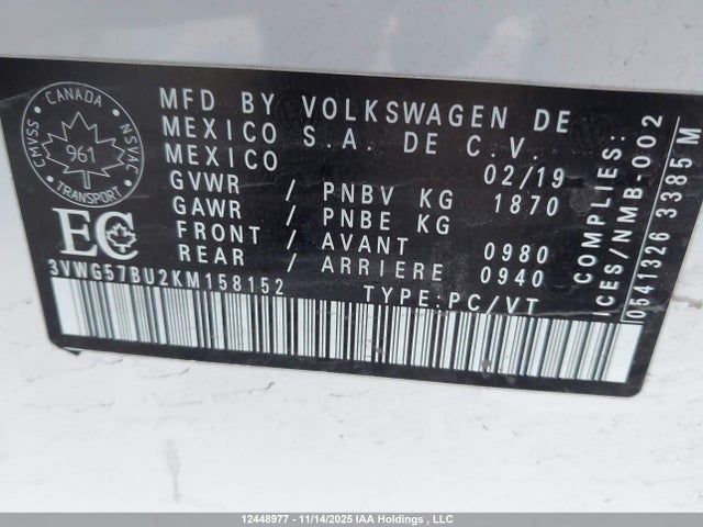 3VWG57BU2KM158152 Volkswagen Jetta 1.4 Tsi Execline