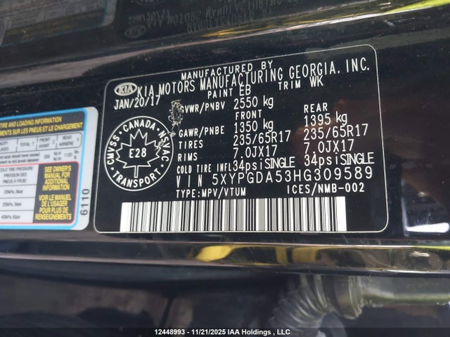 5XYPGDA53HG309589 KIA Sorento 3.3l Lx V6 7-seater