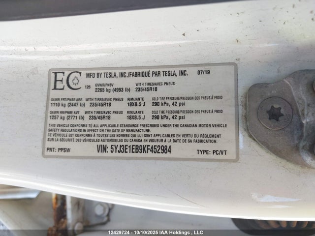 Tesla MODEL 3 2019 5YJ3E1EB9KF452984 Image 19