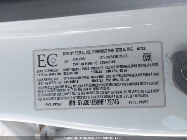 5YJ3E1EB9NF172745 Tesla Model 3 Long Range
