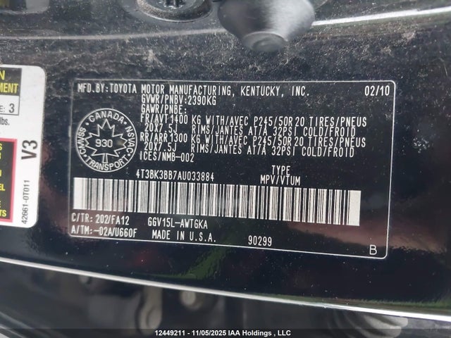 2010 Toyota Venza მანქანა იყიდება აუქციონზე, vin: 4T3BK3BB7AU033884, აუქციონის ნომერი: 12449211