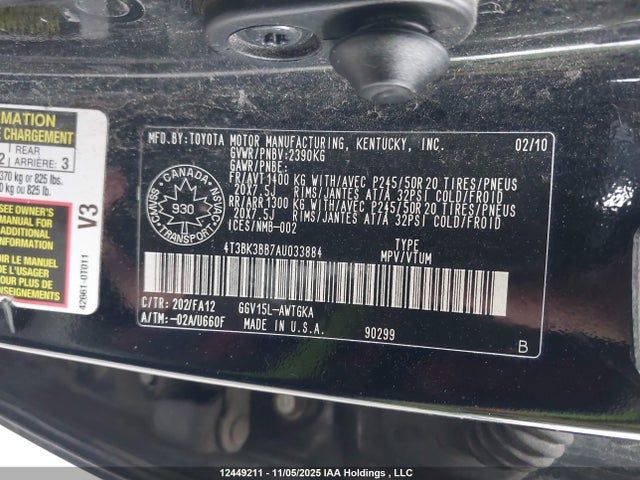 2010 Toyota Venza მანქანა იყიდება აუქციონზე, vin: 4T3BK3BB7AU033884, აუქციონის ნომერი: 12449211