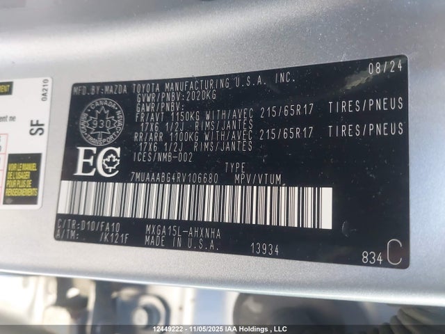 Aukcja sprzedaży 2024 Toyota Corolla Cross L, vin: 7MUAAABG4RV106680, numer aukcji: 12449222