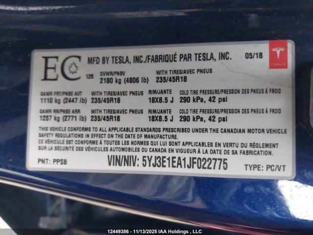 5YJ3E1EA1JF022775 Tesla MODEL 3