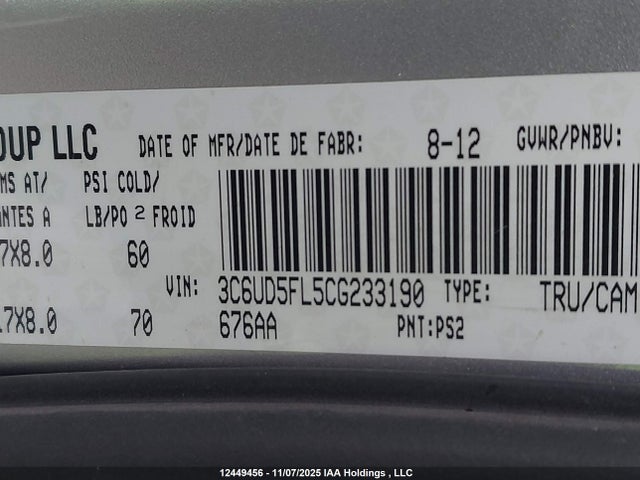 12449456 :رقم المزاد ، 3C6UD5FL5CG233190 vin ، 2012 Ram 2500 Laramie مزاد بيع