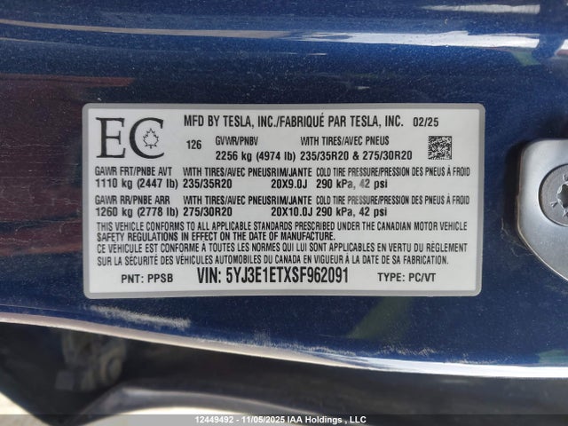 5YJ3E1ETXSF962091 Tesla MODEL 3