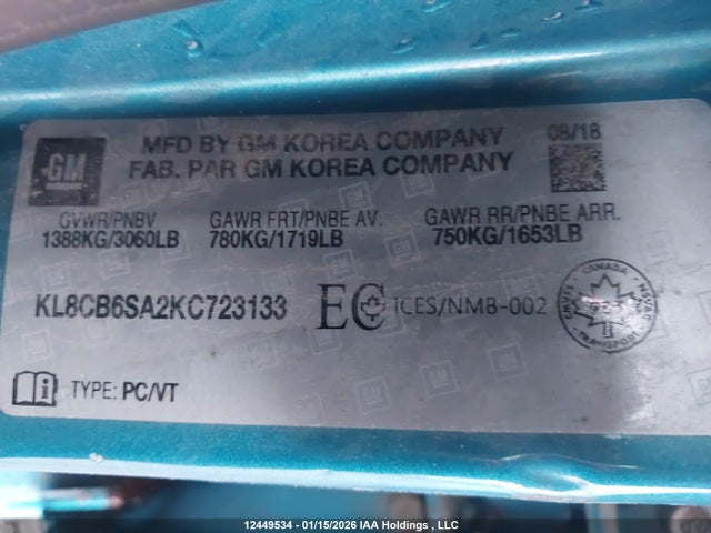 Aukcja sprzedaży 2019 Chevrolet Spark Ls Cvt, vin: KL8CB6SA2KC723133, numer aukcji: 12449534