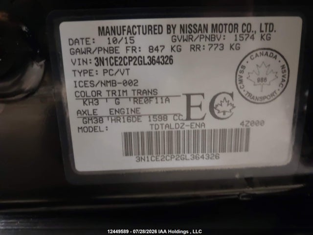 3N1CE2CP2GL364326 Nissan Versa Note 1.6 S/1.6 Sl/1.6 Sr/1.6 Sv