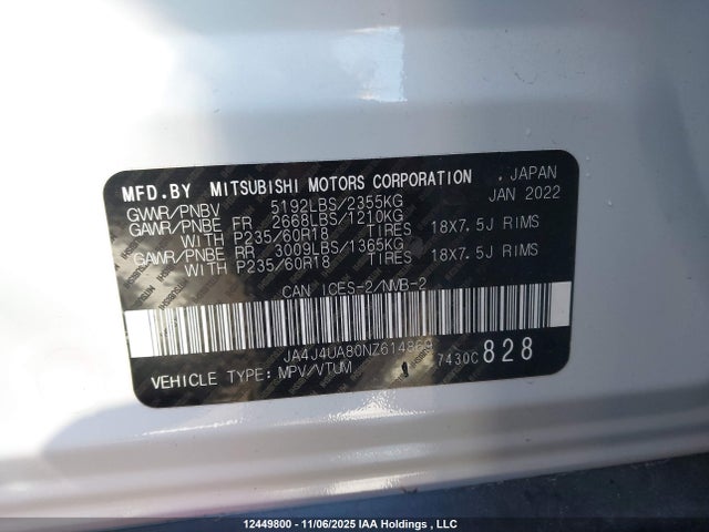 JA4J4UA80NZ614869 Mitsubishi Outlander Le/le Premium/se/sel