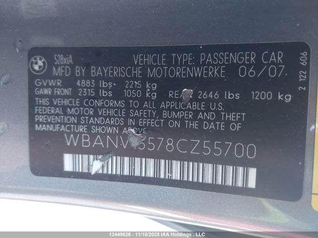 Aukcja sprzedaży 2008 Bmw 528xi, vin: WBANV13578CZ55700, numer aukcji: 12449826