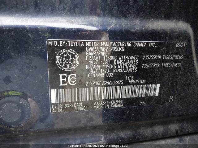12449911 :رقم المزاد ، 2T3R1RFV6MW203875 vin ، 2021 Toyota Rav4 Xle/xle Premium مزاد بيع