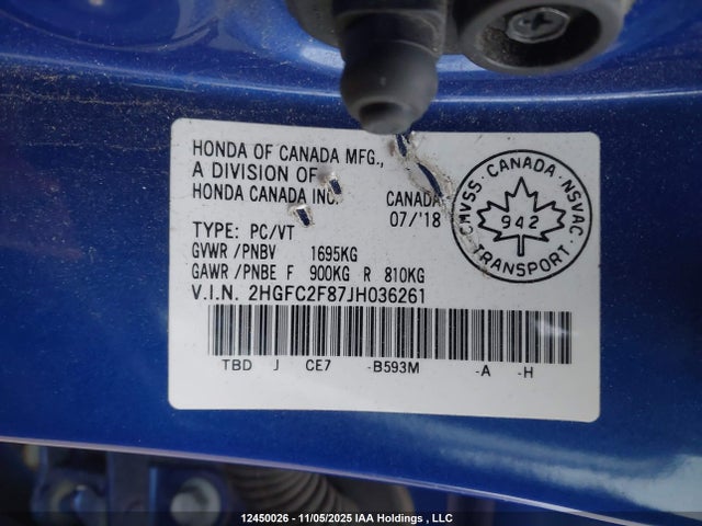 Продаж на аукціоні авто 2018 Honda Civic Ex 4dr, vin: 2HGFC2F87JH036261, номер лоту: 12450026