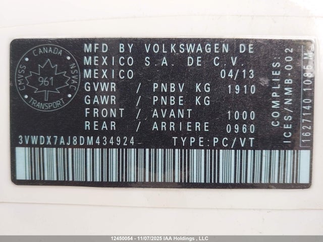 12450054 :رقم المزاد ، 3VWDX7AJ8DM434924 vin ، 2013 Volkswagen Jetta مزاد بيع