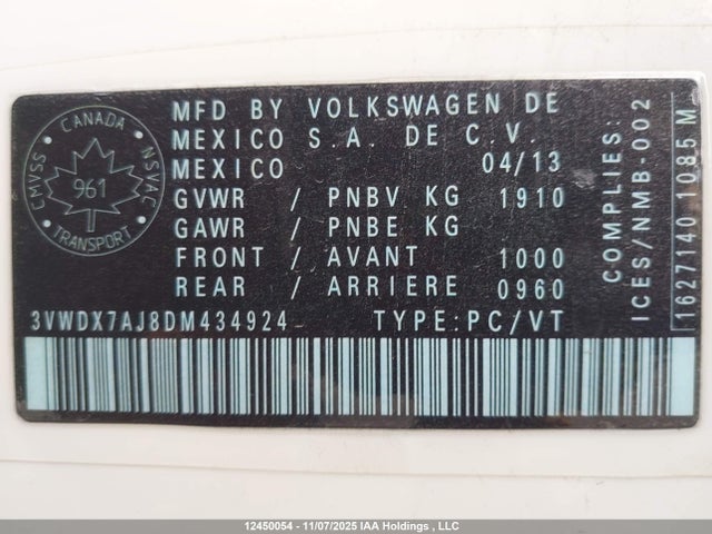 12450054 :رقم المزاد ، 3VWDX7AJ8DM434924 vin ، 2013 Volkswagen Jetta مزاد بيع