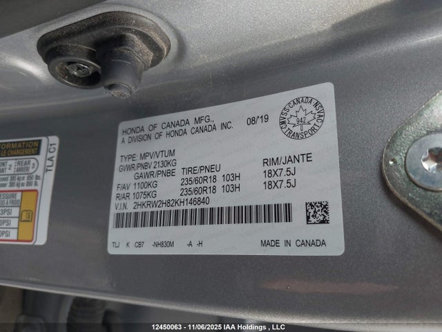 Aukcja sprzedaży 2019 Honda Cr-v Exl, vin: 2HKRW2H82KH146840, numer aukcji: 12450063