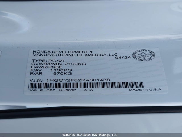 12450106 :رقم المزاد ، 1HGCY2F82RA801438 vin ، 2024 Honda Accord Hybrid Touring مزاد بيع