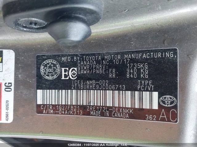 12450384 :رقم المزاد ، 2T1BURHE9JC006713 vin ، 2018 Toyota Corolla L/le/xle/se/xse مزاد بيع