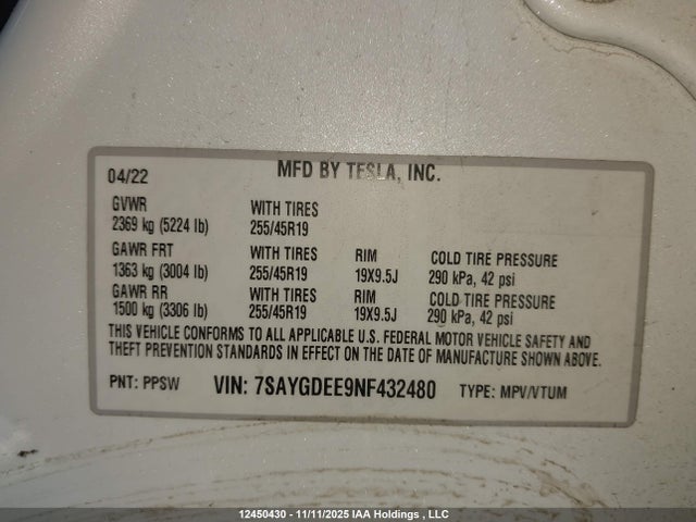 7SAYGDEE9NF432480 Tesla Model Y