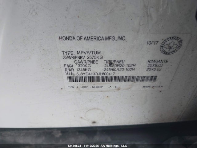 5J8YD4H40JL800417 Acura Mdx Navi