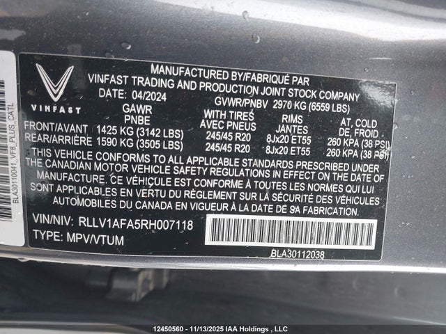 Продажа на аукционе авто 2024 Vinfast Vf 8 Plus, vin: RLLV1AFA5RH007118, номер лота: 12450560