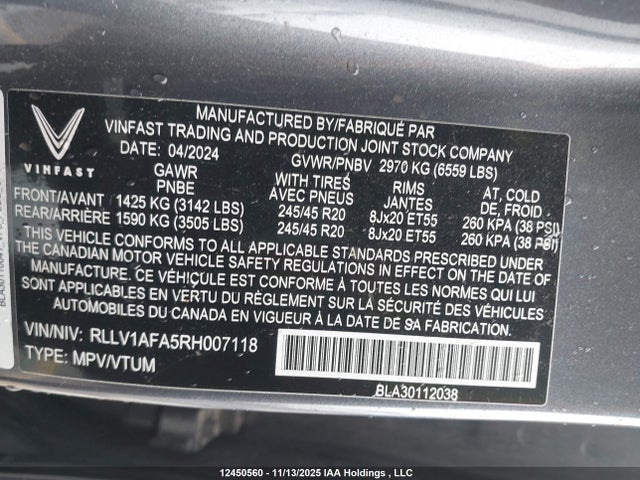 Продажа на аукционе авто 2024 Vinfast Vf 8 Plus, vin: RLLV1AFA5RH007118, номер лота: 12450560