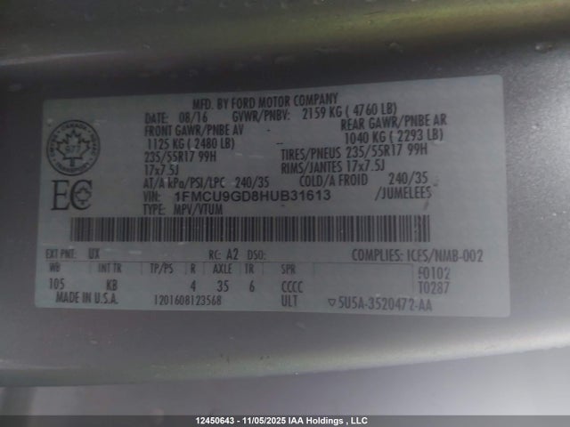 Продаж на аукціоні авто 2017 Ford Escape Se, vin: 1FMCU9GD8HUB31613, номер лоту: 12450643