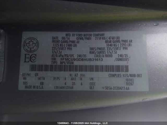 Продаж на аукціоні авто 2017 Ford Escape Se, vin: 1FMCU9GD8HUB31613, номер лоту: 12450643