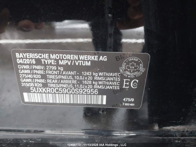 Aukcja sprzedaży 2016 Bmw X5 3.5i, vin: 5UXKR0C59G0S92956, numer aukcji: 12450773