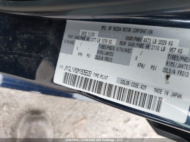 12451069 :رقم المزاد ، JM1GL1VM2M1605533 vin ، 2021 Mazda Mazda6 Gs-l مزاد بيع