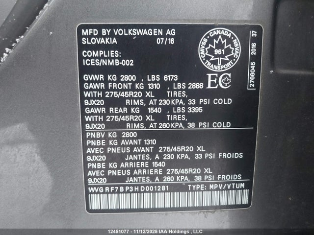 WVGRF7BP3HD001281 Volkswagen Touareg