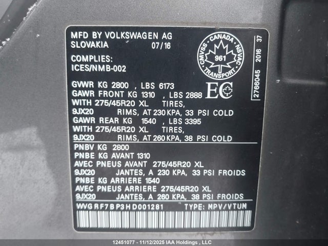 WVGRF7BP3HD001281 Volkswagen Touareg