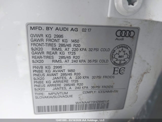 Audi Q7 2017 WA1VAAF73HD046126 Image 9