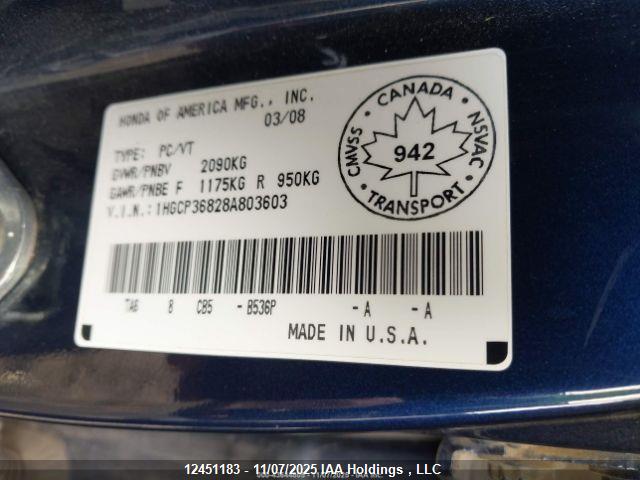 12451183 :رقم المزاد ، 1HGCP36828A803603 vin ، 2008 Honda Accord Exl مزاد بيع