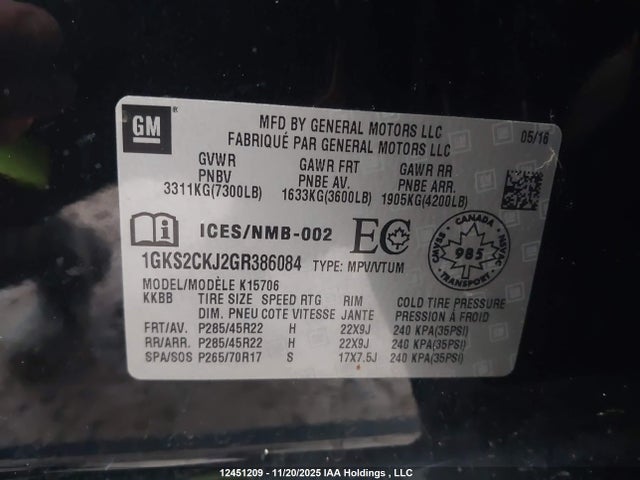 GMC Yukon Denali Denali 2016 1GKS2CKJ2GR386084 Image 9