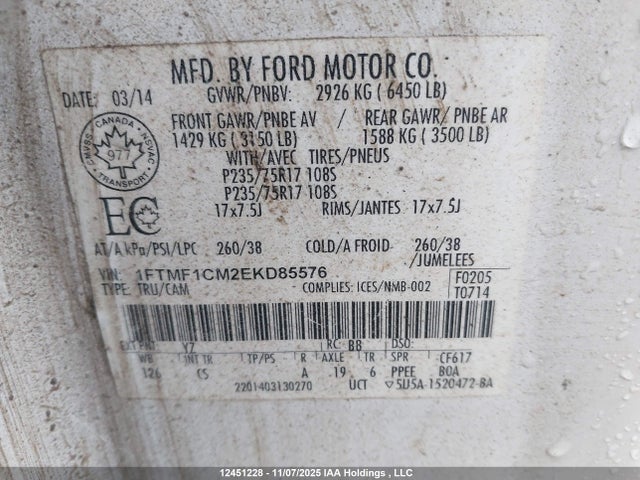 2014 Ford F150 მანქანა იყიდება აუქციონზე, vin: 1FTMF1CM2EKD85576, აუქციონის ნომერი: 12451228