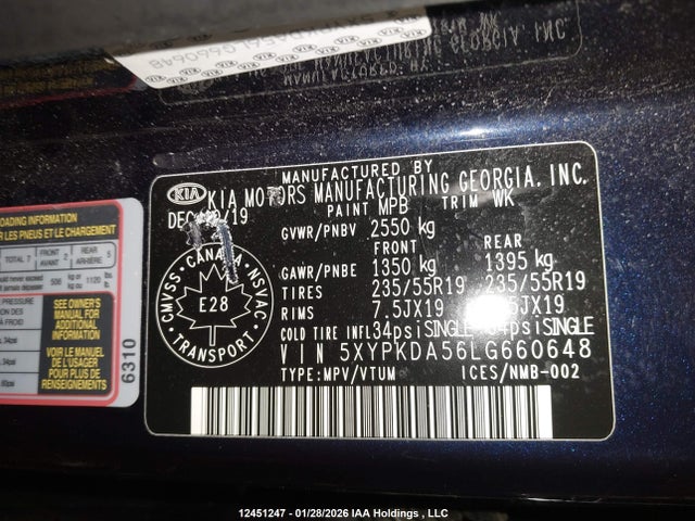 5XYPKDA56LG660648 KIA Sorento 3.3l Sx