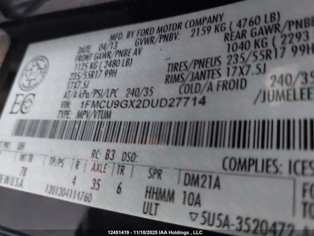 Продаж на аукціоні авто 2013 Ford Escape Se, vin: 1FMCU9GX2DUD27714, номер лоту: 12451419