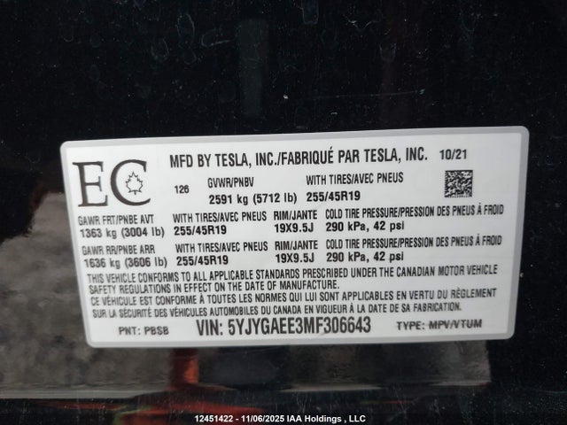 Aukcja sprzedaży 2021 Tesla Model Y, vin: 5YJYGAEE3MF306643, numer aukcji: 12451422