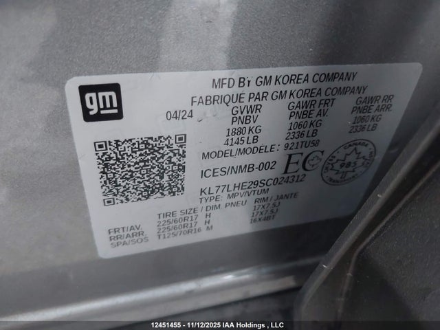 12451455 :رقم المزاد ، KL77LHE29SC024312 vin ، 2025 Chevrolet Trax 1lt مزاد بيع